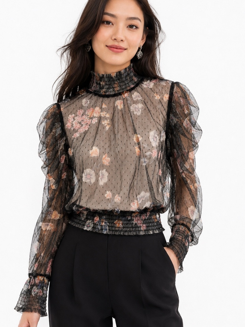 NWT Y2K sheer M LIFE Black Sheer Floral smocked -Neck Blouse romanric fairy chic